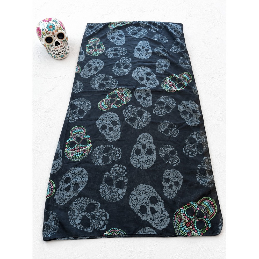 Ganz Day of the Dead Sugar Skull Scarf Black Sheer 46" Square Fashion Wrap